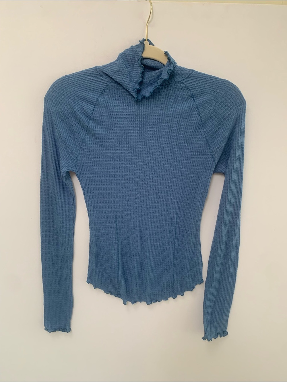 Free People Blue Long-Sleeve Waffle Knit Ruffle Mock Neck Top